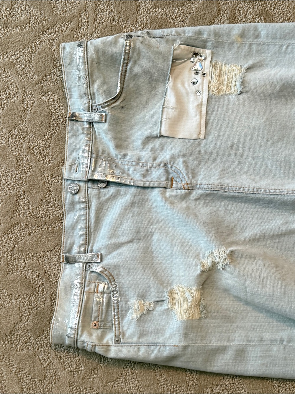 7 For All Mankind Light Blue Distressed Denim Mini Skirt with Studs